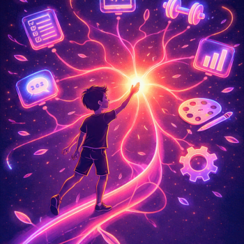 Молодой человек среди светящихся иконок навыков