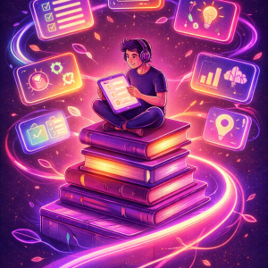 Молодой человек среди светящихся книг